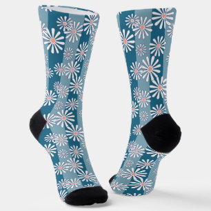 White chamomile flowers on striped blue background socks