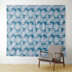 White chamomile flowers on striped blue background tapestry