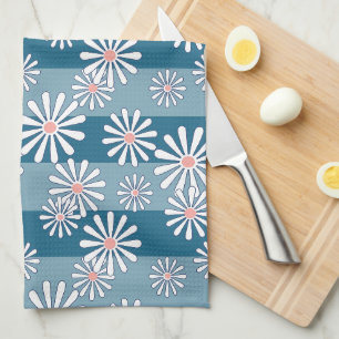 White chamomile flowers on striped blue background tea towel