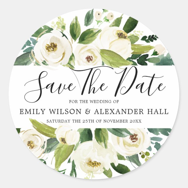 White Champagne Floral Wedding Save The Date Classic Round Sticker (Front)