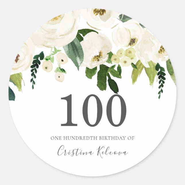 White Champagne Flowers 100th Birthday Party Classic Round Sticker (Front)