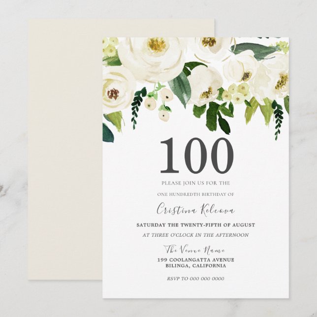 White Champagne Flowers 100th Birthday Party Invitation (Front/Back)