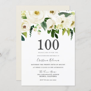 White Champagne Flowers 100th Birthday Party Invitation