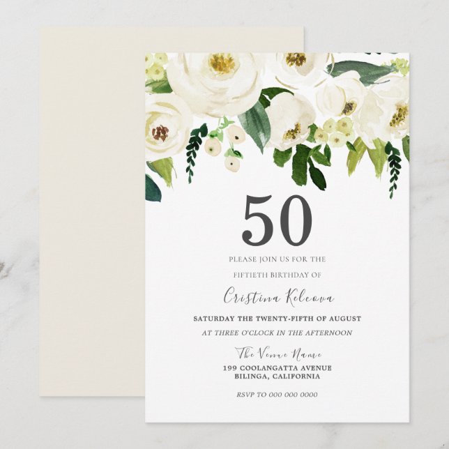 White Champagne Flowers 50th Birthday Party Invitation (Front/Back)