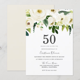 White Champagne Flowers 50th Birthday Party Invitation