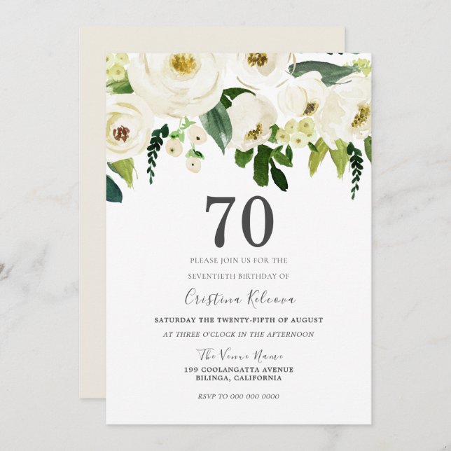 White Champagne Flowers 70th Birthday Party Invitation (Front/Back)