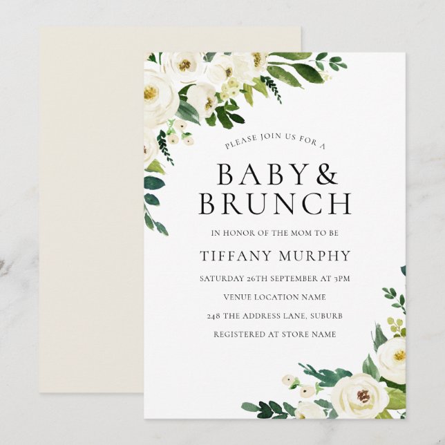White Champagne Flowers Elegant Baby Shower Brunch Invitation (Front/Back)