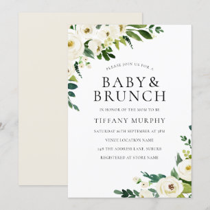 White Champagne Flowers Elegant Baby Shower Brunch Invitation