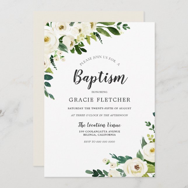 White Champagne Flowers Elegant Baptism Invitation (Front/Back)