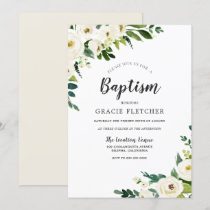 White Champagne Flowers Elegant Baptism Invitation