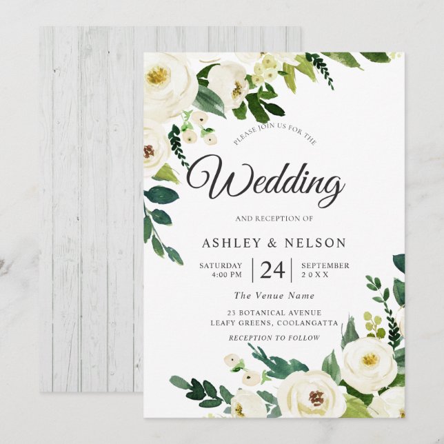 White Champagne Flowers Elegant Rustic Wedding Invitation (Front/Back)