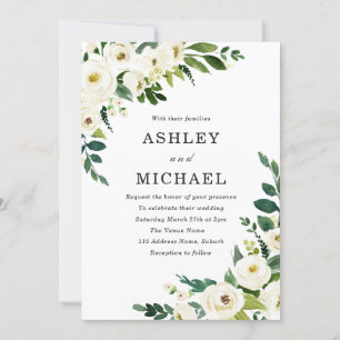 White Champagne Flowers Modern Elegant Wedding Invitation