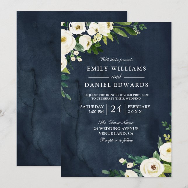 White Champagne Flowers & Navy Wedding Invitation (Front/Back)