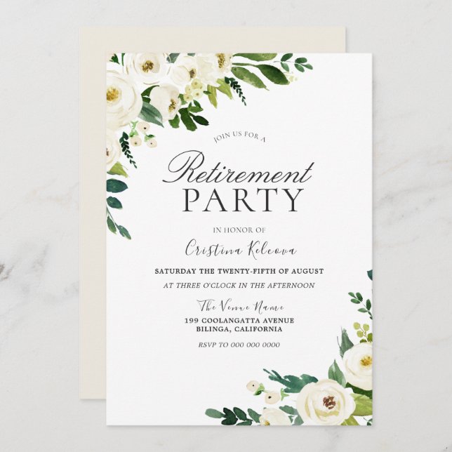 White Champagne Flowers Retirement Party Invitation (Front/Back)