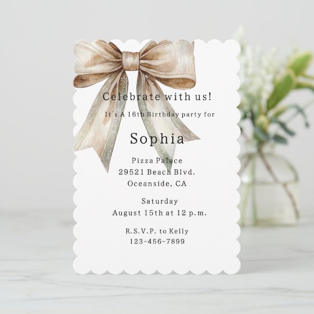 White Champagne Moss Bow 16th Birthday Invitation (Standing Front)