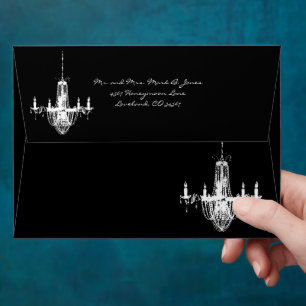 White Chandelier on Black Damask Wedding Envelopes