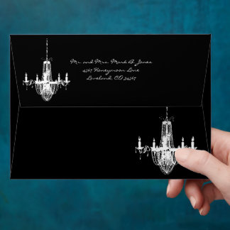 White Chandelier on Black Damask Wedding Envelopes