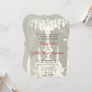 White Chandeliers on Silver Cloud Wedding Invitation