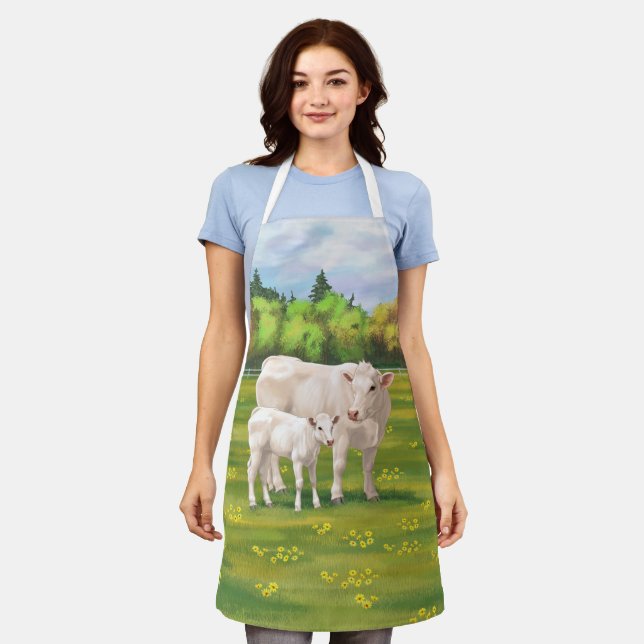 White Charolais Cow & Cute Calf Beef Cattle Apron (Worn)