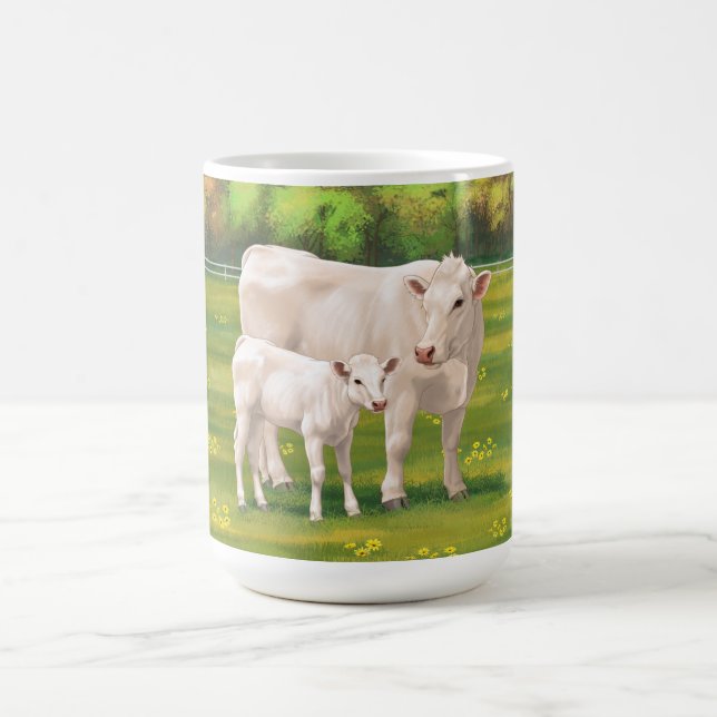 White Charolais Cow & Cute Calf Beef Cattle Coffee Mug (Center)