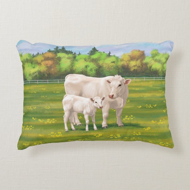 White Charolais Cow & Cute Calf Beef Cattle Decorative Cushion (Front)