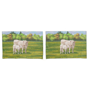 White Charolais Cow & Cute Calf Beef Cattle Pillowcase