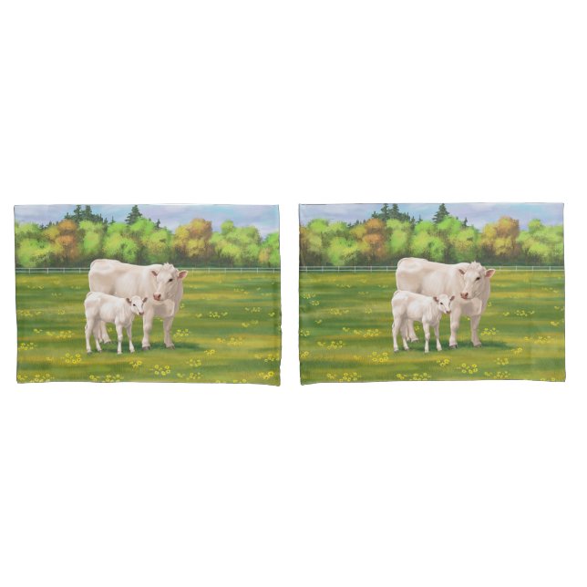 White Charolais Cow & Cute Calf Beef Cattle Pillowcase (Front-Set)