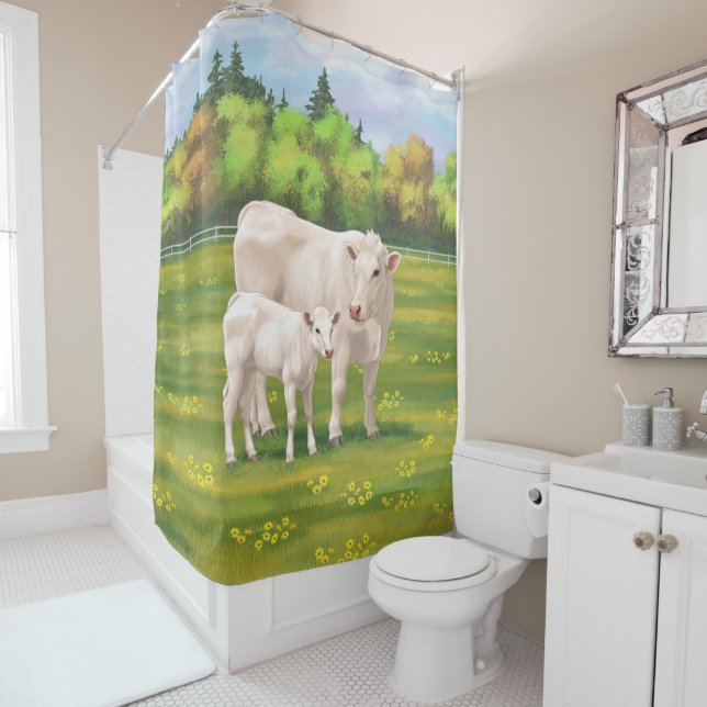 White Charolais Cow & Cute Calf Beef Cattle Shower Curtain (In Situ)