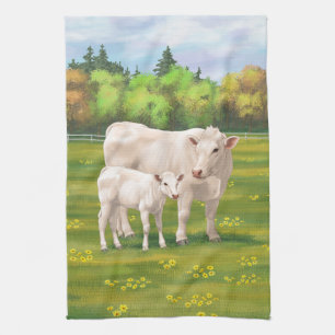White Charolais Cow & Cute Calf Beef Cattle Tea Towel