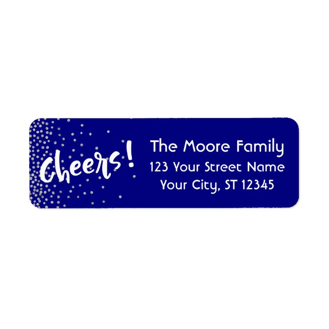 White "Cheers!" w/ Silver Confetti Over Navy (Front)