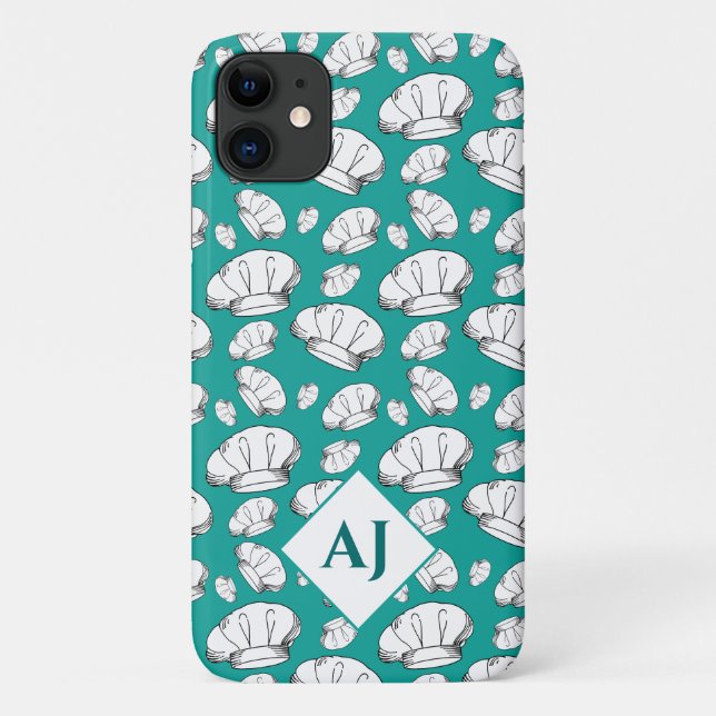 White Chef Hats and Monogram on Teal Blue Case-Mate iPhone Case (Back)