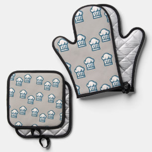 White chef hats on grey oven mitt & pot holder set