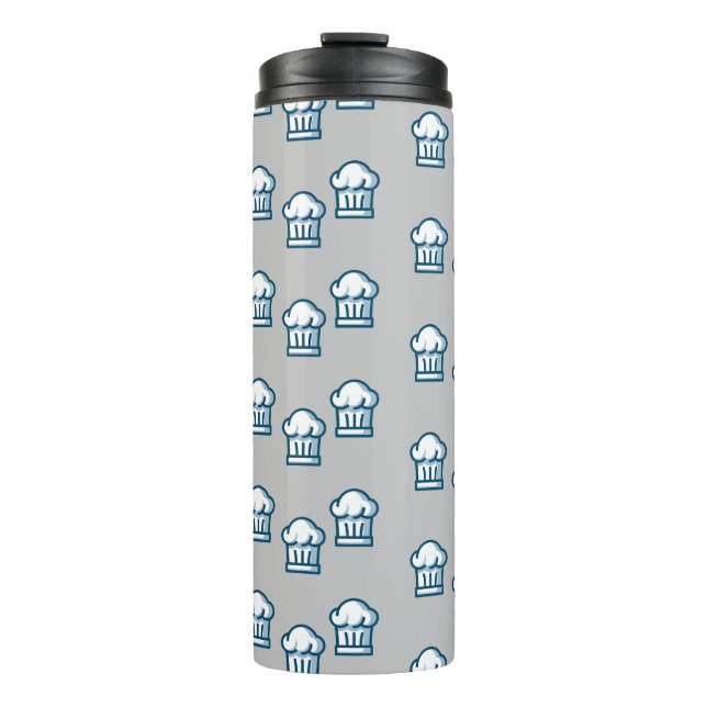 White chef hats on grey thermal tumbler (Front)