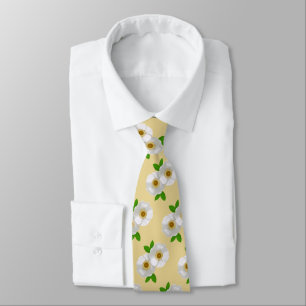 White Cherokee Rose Pattern on Soft Yellow Tie