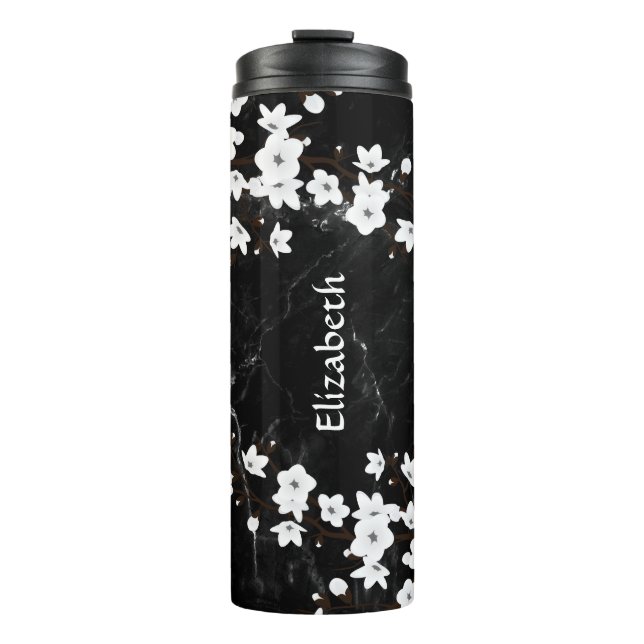 White Cherry Blossom Black Marble Monogram  Thermal Tumbler (Front)