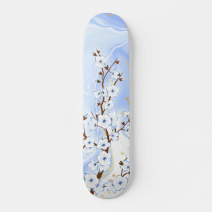 White Cherry Blossom Blue Ink Marble Monogram Skateboard