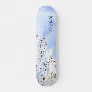 White Cherry Blossom Blue Ink Monogram Floral  Skateboard