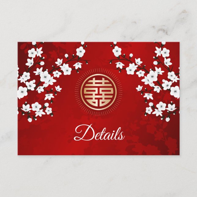 White Cherry Blossom Chinese Wedding Details Enclosure Card (Front)