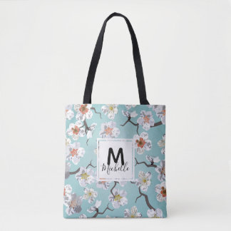 White Cherry Blossom Colourful Monogram Tote Bag