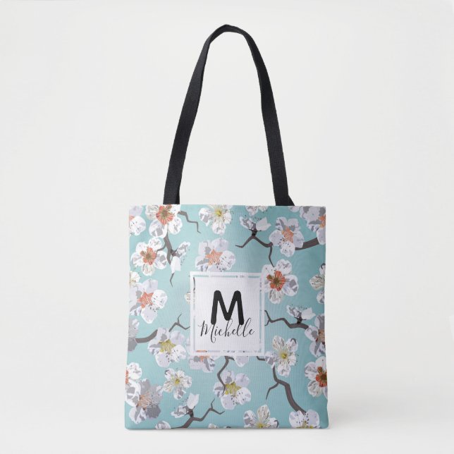 White Cherry Blossom Colourful Monogram Tote Bag (Front)