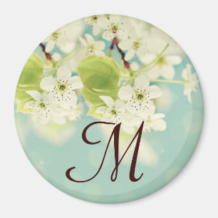White Cherry Blossom Flowe Monogram Initial Magnet