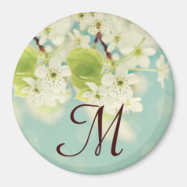 White Cherry Blossom Flowe Monogram Initial Magnet (Front)