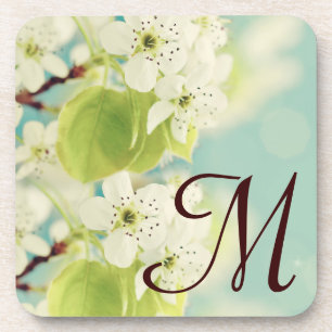 White Cherry Blossom Flower Monogram Drink Coaster