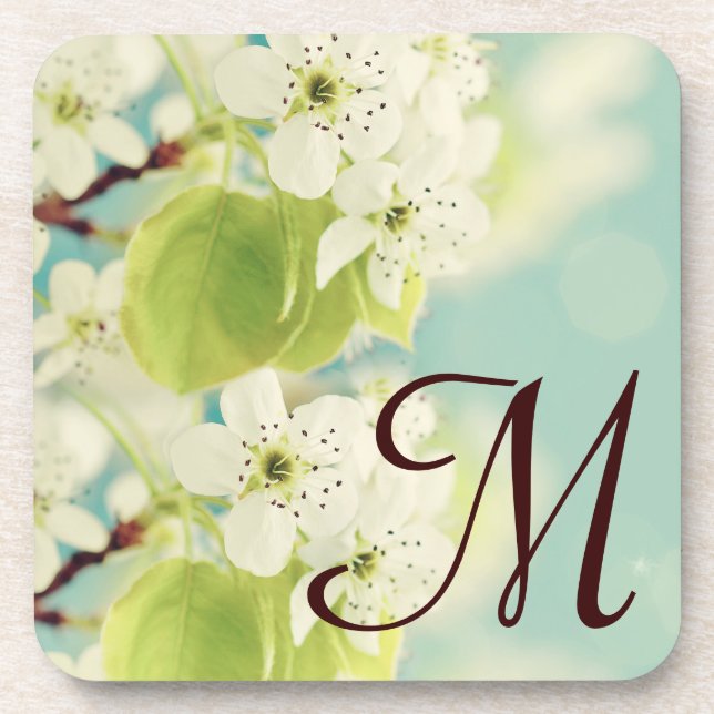 White Cherry Blossom Flower Monogram Drink Coaster (Front)
