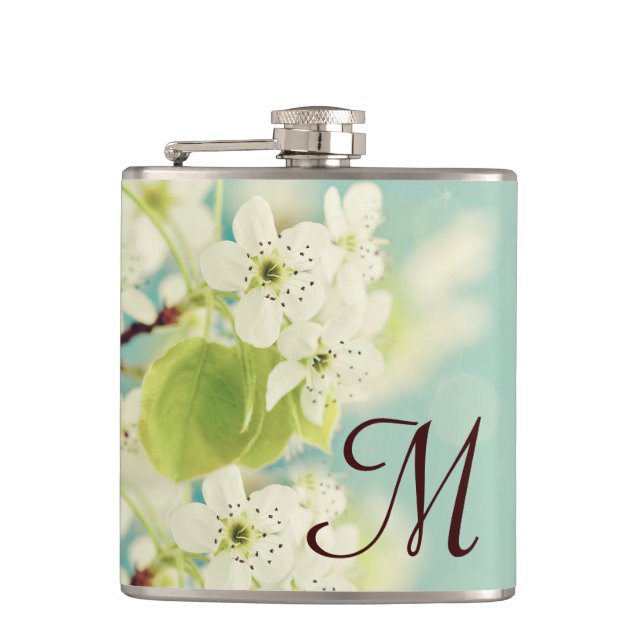 White Cherry Blossom Flower Monogram Whiskey Flask (Front)