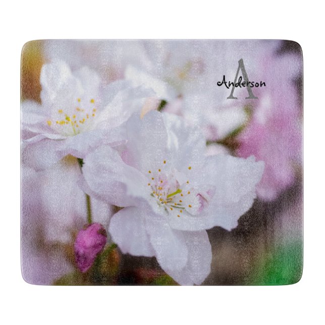 White Cherry Blossom Glass chopping board (Front)