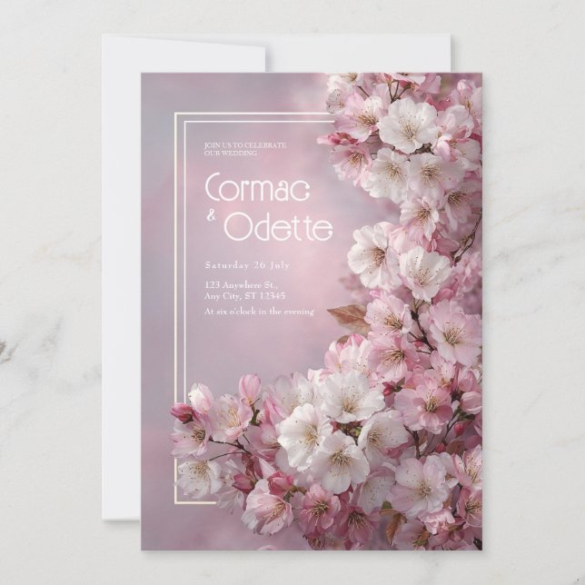 White Cherry Blossom Gold Frame Romantic Wedding Invitation (Front)