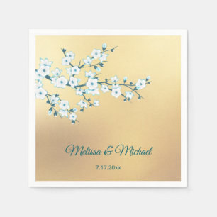 White Cherry Blossom Gold Napkin