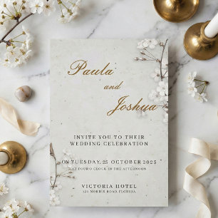 White Cherry Blossom & Gold Script Elegant Wedding Invitation