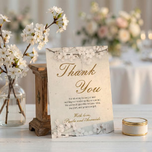 White Cherry Blossom & Gold Script Wedding Thank You Card